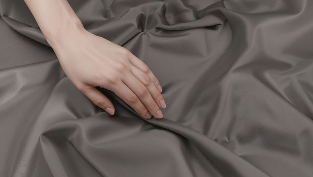 Resting bare hand on grey satin fabric with soft folds and natural short fingernails