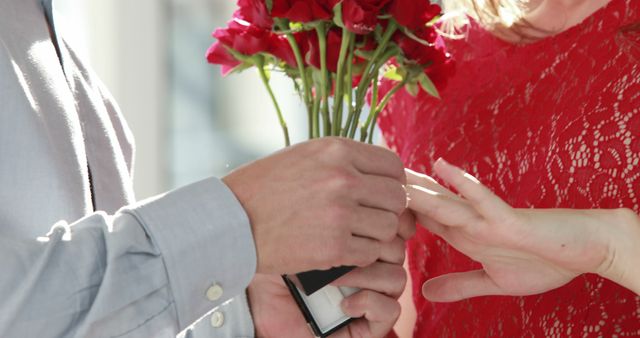 Captured during a romantic moment, this image shows a man presenting a ring box and bouquet of red roses to a woman in a red lace dress. This touching scene is ideal for content related to proposals, engagements, romantic gestures, or relationship milestones. Perfect for use in Valentine's Day promotions, wedding planning websites, or romance-themed advertisements.