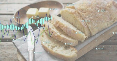 Rustic artisan bread slices blending with financial chart overlay for food business