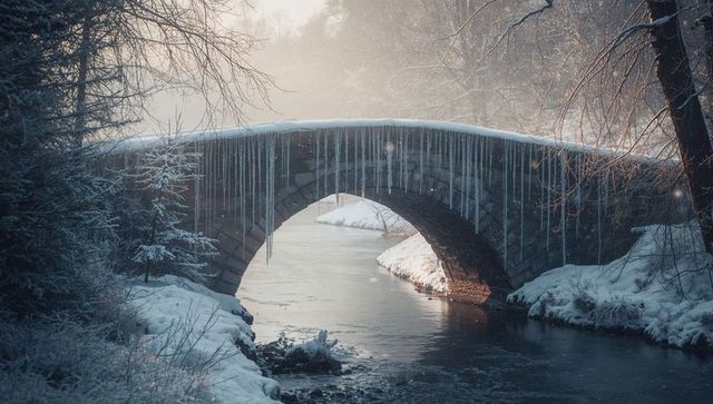 Snow-covered stone arch bridge dripping icicles over flowing winter river at dawn
