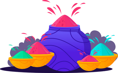 Colorful holi powders in jar on transparent background