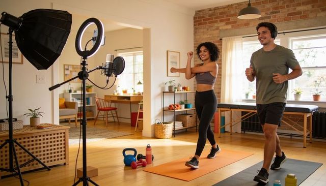 Couple recording live home workout with ring light and fitness gear in sunlit living room