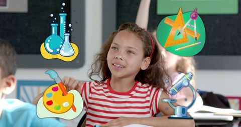 Curious elementary student raising hand in classroom focusing on science and art