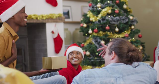 Diverse group celebrating Christmas with gift exchange by decorated tree - Download Free Stock Images Pikwizard.com