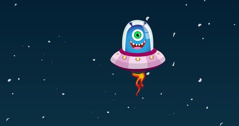 Cheerful alien in ufo flying through starry nights