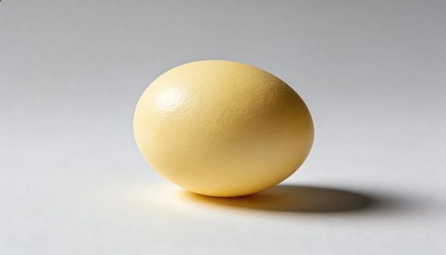 Single pale yellow egg resting on white surface casting soft shadow glossy shell