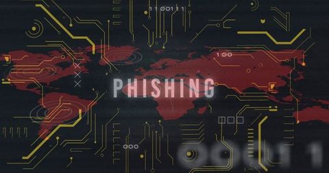Global Phishing Threat Visualization on Cybersecurity Dashboard with Red World Map and Circuit Trace