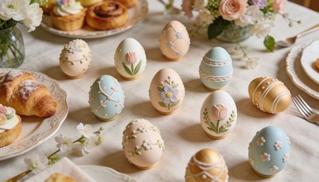 Hand-decorating pastel easter eggs on vintage brunch table with pastries and florals