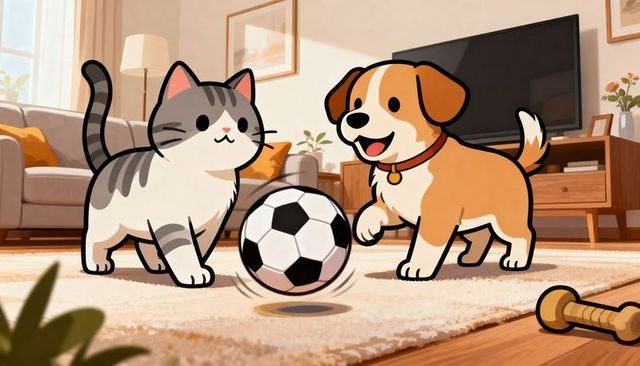 Cat and dog playing with soccer ball in cozy living room, chasing and smiling