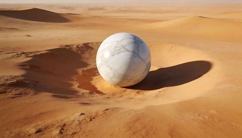 Polished marble sphere reflecting low sun on barren desert dunes casting long shadow