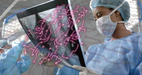 Surgeon Analyzing X-Ray with Digital Circuit Interface in Operating Room