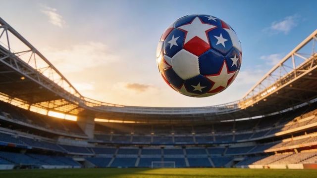 Star-spangled soccer ball soaring toward goal at sunset in modern stadium arena