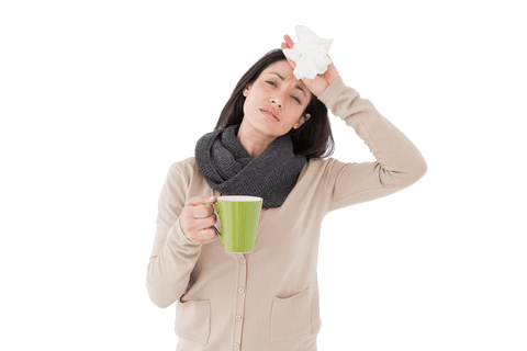 Transparent sick woman holding mug, suffering migraine