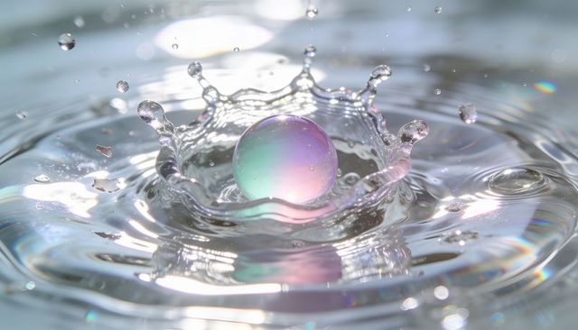 Iridescent orb forming crown splash in macro water droplet with pastel reflections