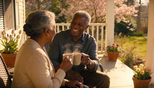 Senior african american couple enjoying morning coffee on sunny porch with spring blossoms