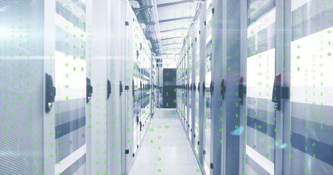 Modern Data Center Corridor with Binary Code Overlay