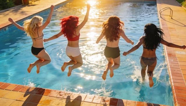 Four friends jumping into backyard pool at sunset splashing water and celebrating summer