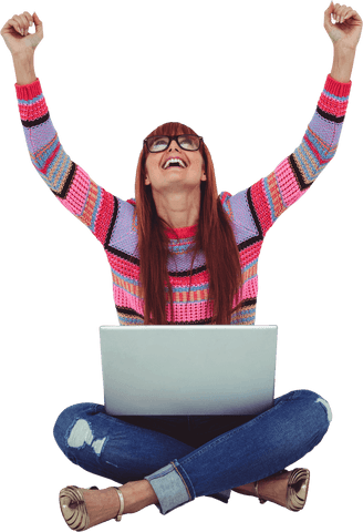Excited woman on laptop celebrating success transparent background