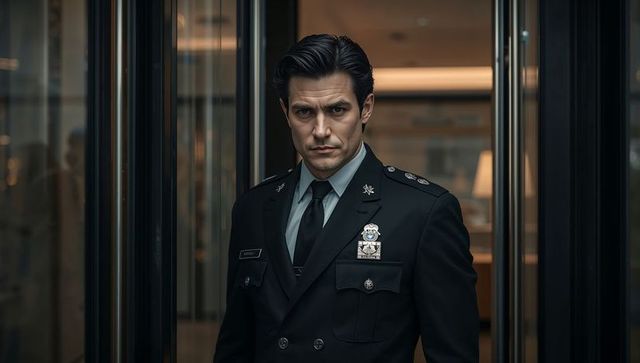 Uniformed security officer standing at glass lobby entrance wearing badge-covered jacket