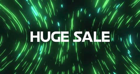 Neon green radial motion background with bold white huge sale text for promotions