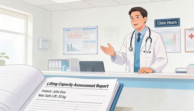 Doctor gesturing at clinic desk discussing patient lifting capacity assessment 25kg limit