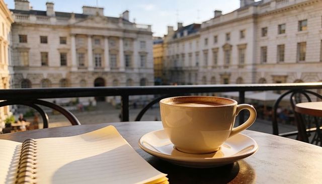 Sunlit coffee cup on balcony with spiral notebook overlooking neoclassical plaza morning