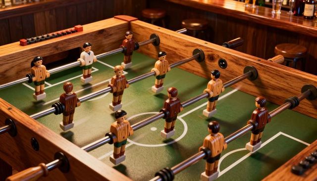 Vintage wooden foosball table with painted figures and bead scoreboard in cozy pub lounge