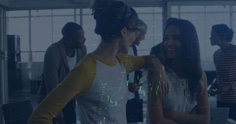 Business professionals discussing financial data insights in modern office