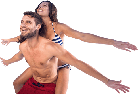 Smiling Couple Embracing Joyful Piggyback Ride on Transparent Background