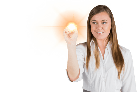 Caucasian woman touching light spot on transparent background
