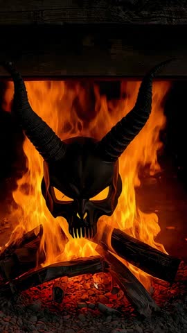 Horned Skull Mask Reacting to Flames over Hearth Logs, Jaw Shifting Vertical Horror Loop