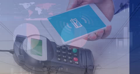 Hands Using Smartphone for NFC Mobile Payment over Financial Graphs