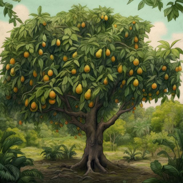 Mango tree with fruit in nature, created using generative ai technology. Tropical fruit, fruit tree and nature concept digitally generated image.