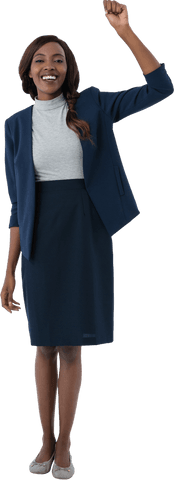 Transparent confident businesswoman raising arm motivated pose