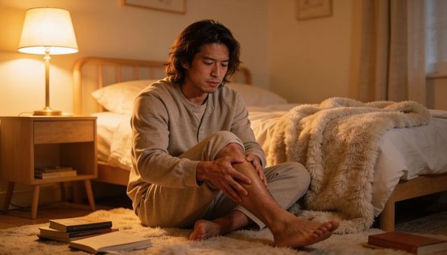Asian man sitting on bedroom rug holding lower leg, reflecting in warm lamp light