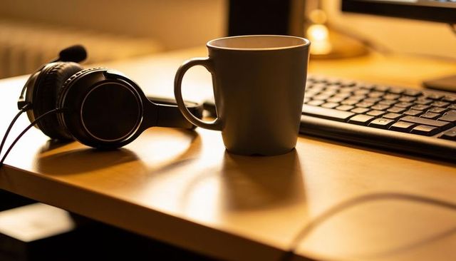 Sitting ceramic mug on wooden desk with headphones and keyboard in warm ambient cozy glow