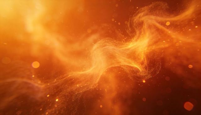 Shimmering golden particle ribbon flowing through amber nebula with bokeh orbs