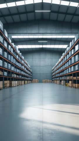 Vertical warehouse walkthrough showing high racks, pallets, skylights and concrete floor