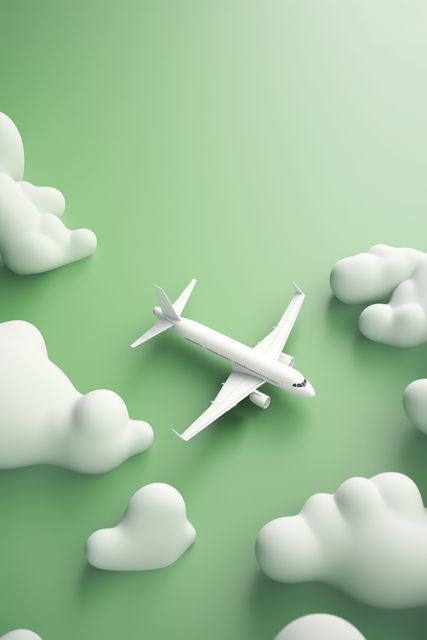 Airplane flying through green sky surrounded by fluffy clouds. Perfect for travel agencies, airline marketing, holiday promotions, transport advertisements, illustrating freedom and dreaming concepts, and adding a unique and futuristic touch to aviation-related content.