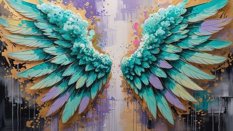 Vibrant angel wings abstract art with gold accents