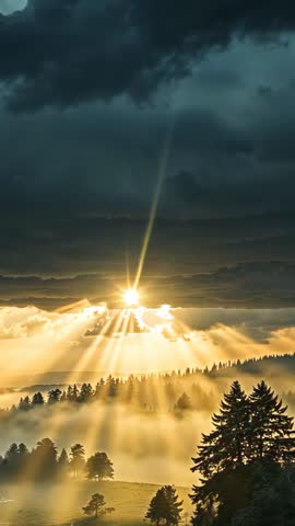 Sunburst Breaking Through Clouds Casting Golden Beams Over Misty Forest Dawn Vertical Video