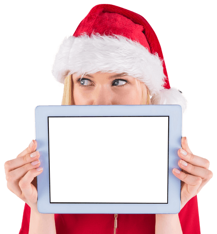 Festive Woman with Santa Hat Holding Blank Digital Tablet Transparent Background