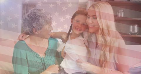 Intergenerational family love with american flag overlay