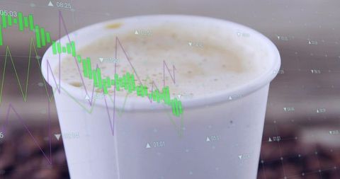White paper coffee cup with frothy latte and financial candlestick chart overlay
