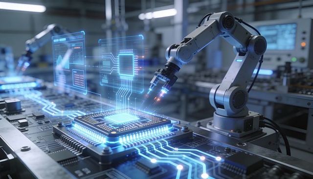 Robotic Arm Servicing Glowing Microprocessor on PCB with Augmented Reality Overlays