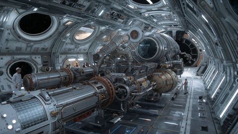 Crew inspecting engine module in futuristic spacecraft bay with robotic arm