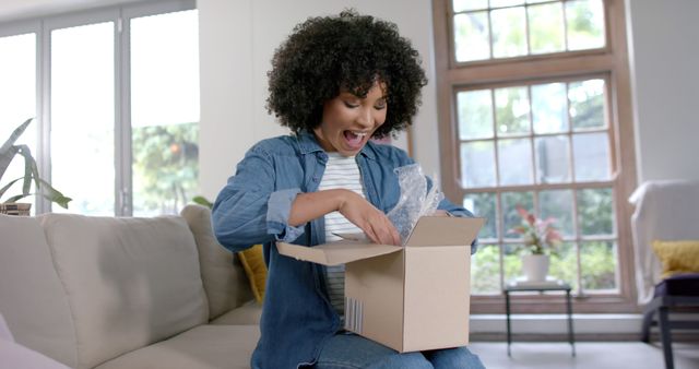 Excited Woman Opening Delivery Package in Living Room - Download Free Stock Images Pikwizard.com