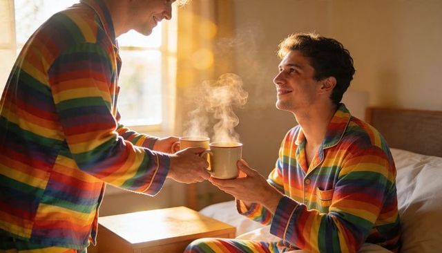 Sunlit morning sharing steaming coffee in rainbow pajamas, intimate gay couple moment