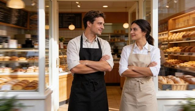 Bakery owners at entrance wearing aprons with fresh bread display and warm interior