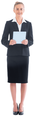 Transparent Businesswoman Holding Tablet Smiling at Camera